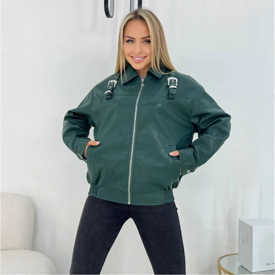 Damen modische Kunstlederjacke im lässigen Stil mit dekorativen Details EB
