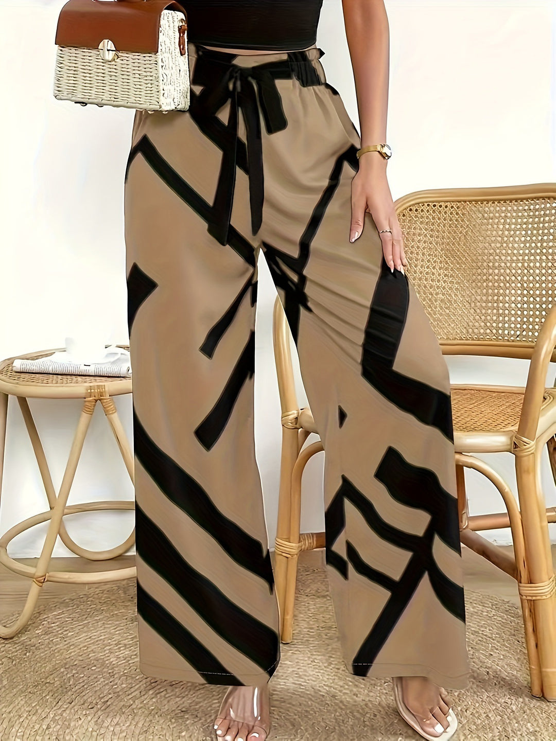 Damen Weite Palazzo-Hose mit modernem Grafikdruck und elastischem Bund EB