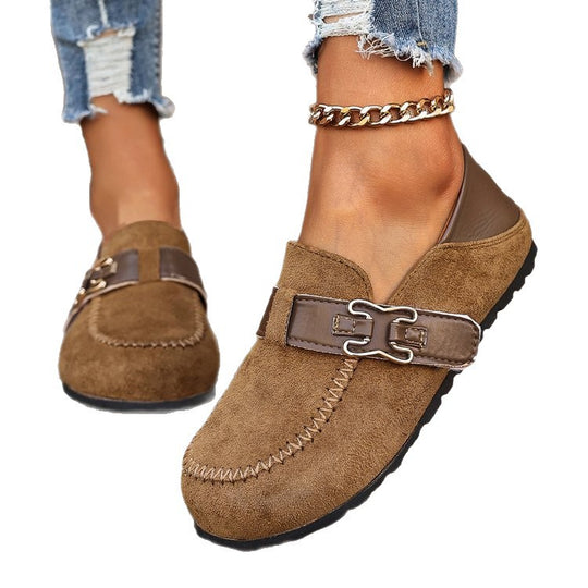 Damen Mokassin-Slipper aus Veloursleder mit dekorativer Metall-Schnalle EB