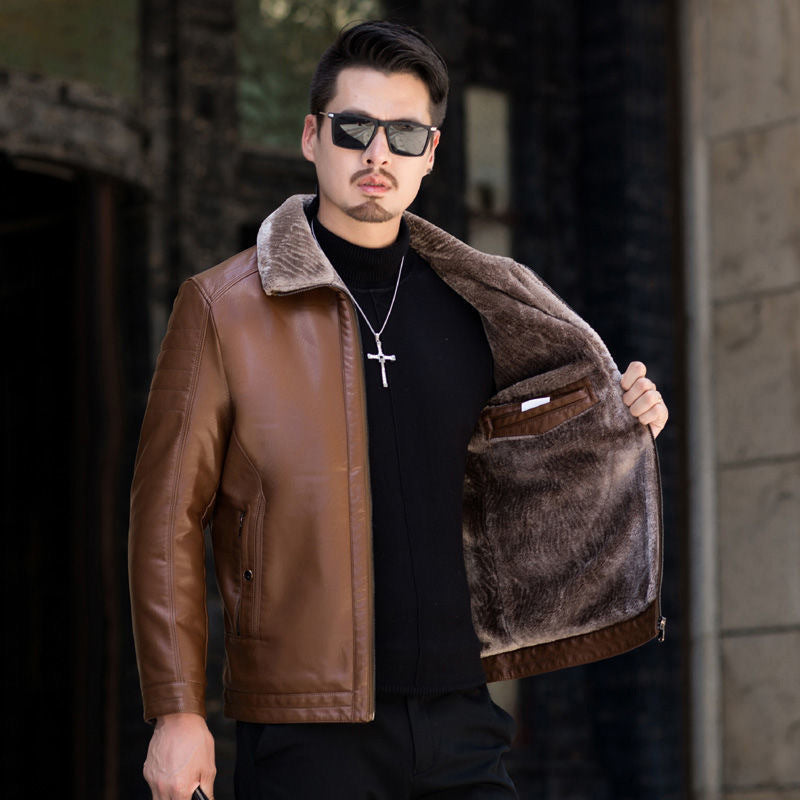 Herren Lederimitat-Übergangsjacke mit durchgehendem Teddyfutter und umlegbarem Kragen EB