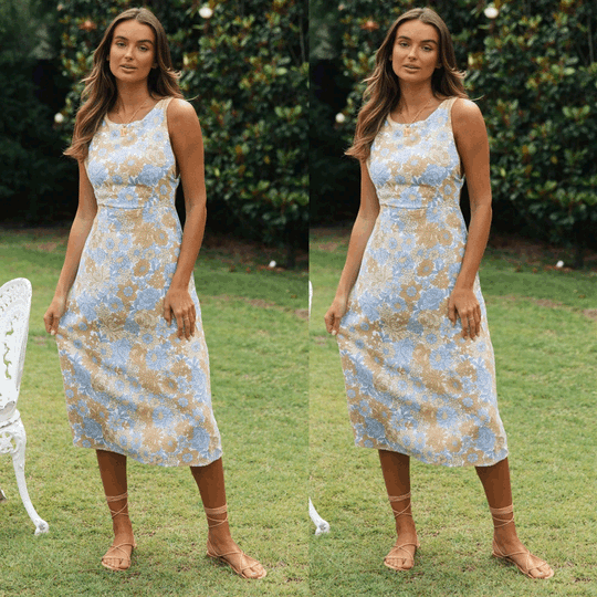 Damen Midi-Kleid mit floralem Design und schmalem Taillenbund EB