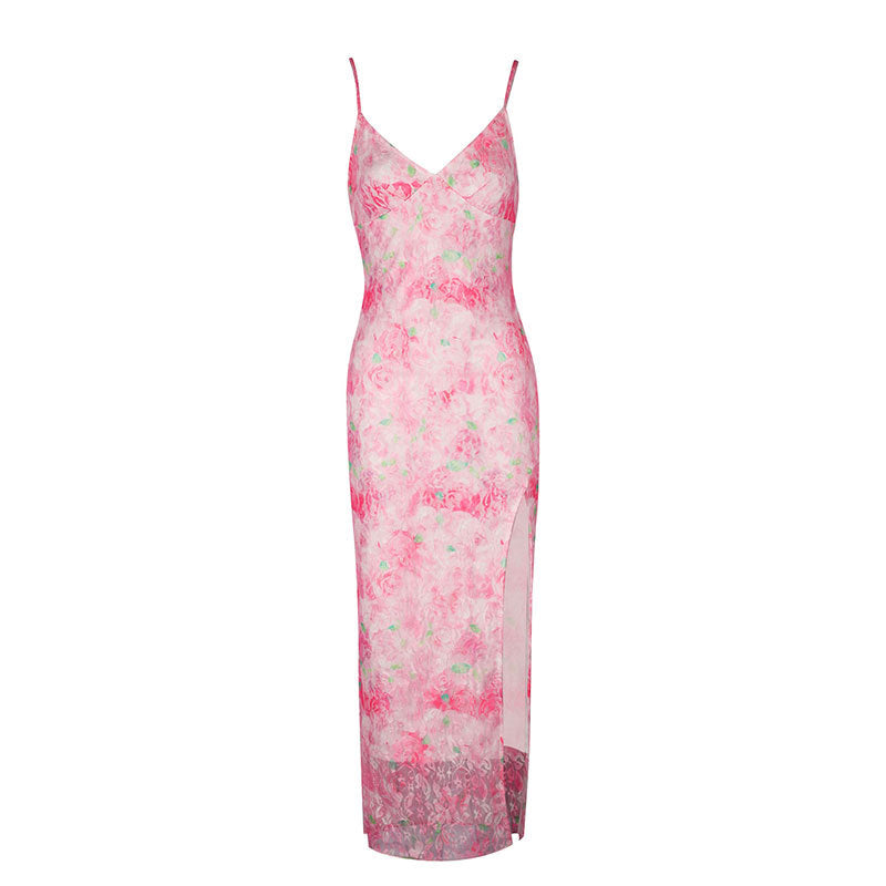 Damen elegantes Maxikleid mit floralem Muster und seitlichem Schlitz EB