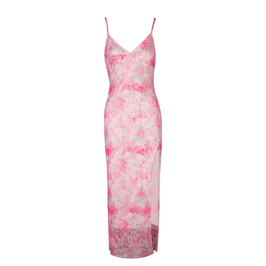Damen elegantes Maxikleid mit floralem Muster und seitlichem Schlitz EB