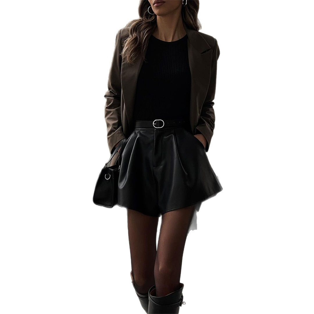 Damen Modische Kunstleder Shorts im Rockstil mit hohem Bund EB