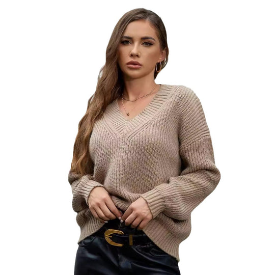 Damen gemütlicher V-Ausschnitt Strickpullover mit lockerem Schnitt und strukturiertem Muster EB