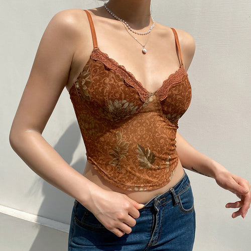 Damen Trägershirt mit Spitzenakzenten und floralem Design EB