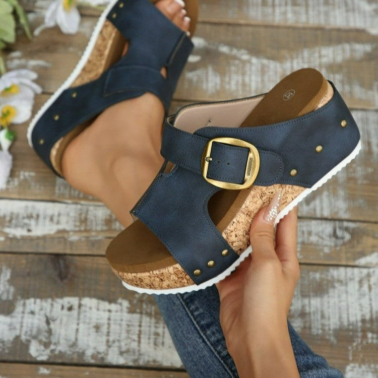 Damen Plattform Sandalen mit dekorativem Riemchen und komfortabler Korksohle EB