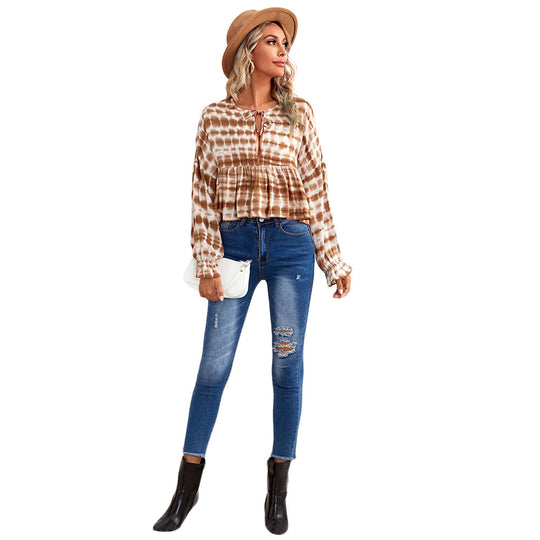 Damen luftiges Peplum-Blusenshirt mit Batikmuster, Kordel‑Neckline und gerafften Ärmeln Eichborn Berlin