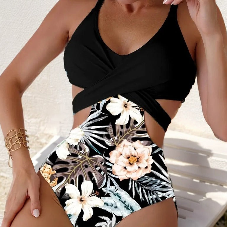 Damen Einteiler Badeanzug mit floralem Design und innovativen Cut-Out-Details EB