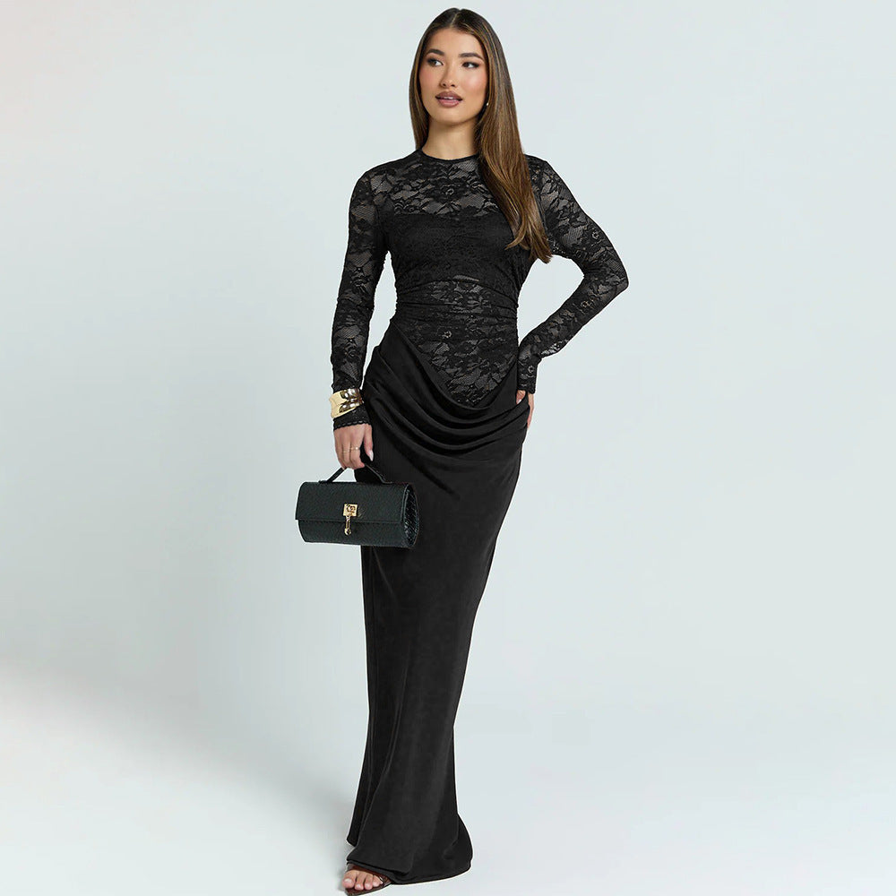 Damen Elegantes Spitzenmaxikleid mit taillierter Silhouette EB
