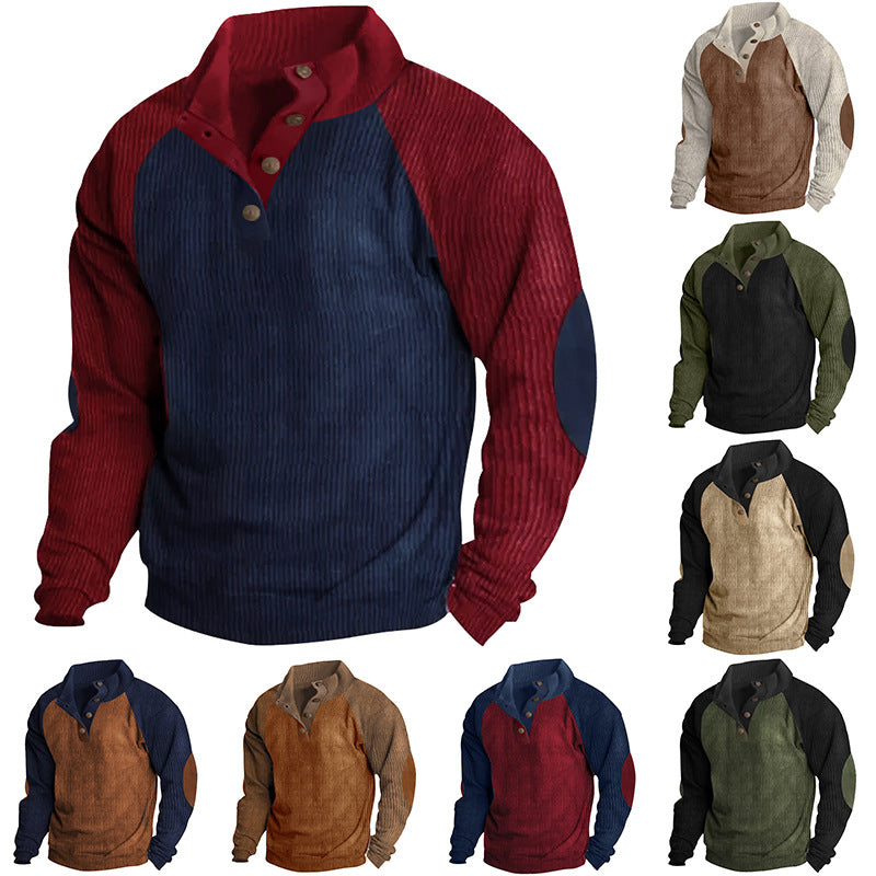 Herren Strukturiertes Raglan-Henley-Pullover mit Stehkragen, Ellenbogenpatches & Knopfleiste EB