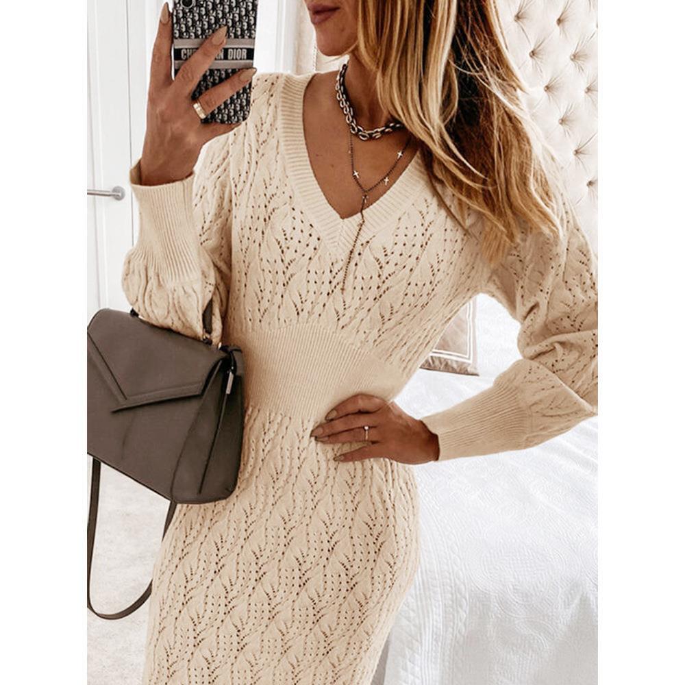 Damen Strickkleid mit halbtransparentem Muster und schickem V-Ausschnitt EB