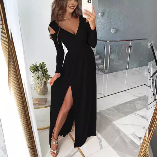 Damen elegantes und figurschmeichelndes Kleid mit langen Ärmeln und seitlichem Schlitz EB