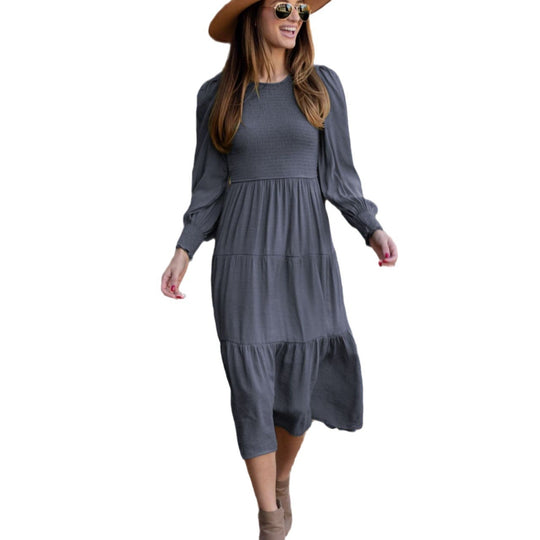 Damen Maxikleid mit schickem Smock-Oberteil und voluminösen Puffärmeln EB