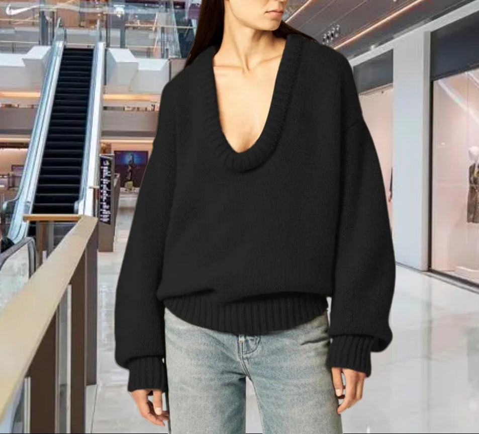 Damen Strickpullover mit V-Ausschnitt und lässigem Schnitt EB