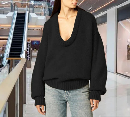 Damen Strickpullover mit V-Ausschnitt und lässigem Schnitt EB