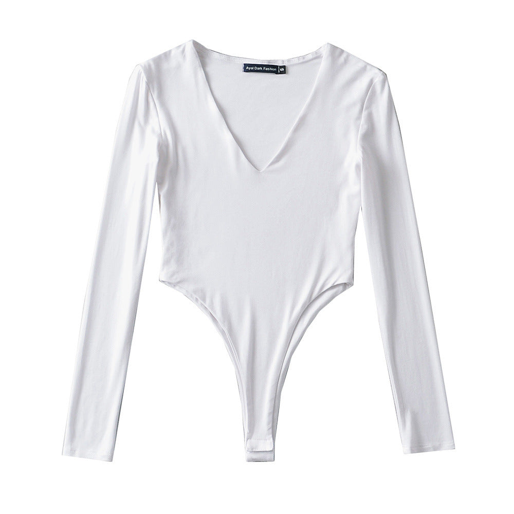Damen figurbetontes Langarmbodysuit mit tiefem V-Ausschnitt EB