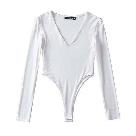 Damen figurbetontes Langarmbodysuit mit tiefem V-Ausschnitt EB
