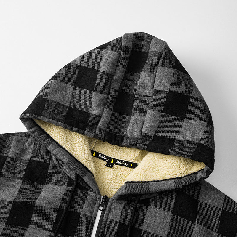 Herren karierte Teddyfleece Kapuzenjacke mit Sherpa-Innenfutter und Reißverschluss EB