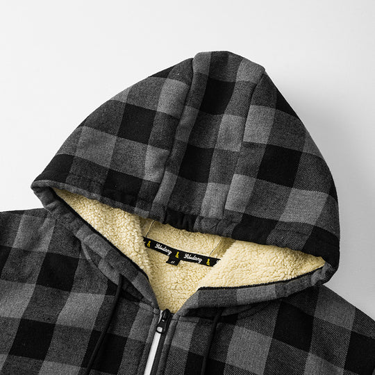 Herren karierte Teddyfleece Kapuzenjacke mit Sherpa-Innenfutter und Reißverschluss EB