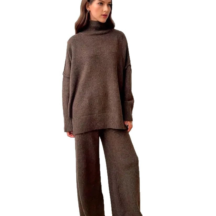 Damen Gemütliches Strickensemble mit hohem Kragen und weit geschnittenen Hosen EB