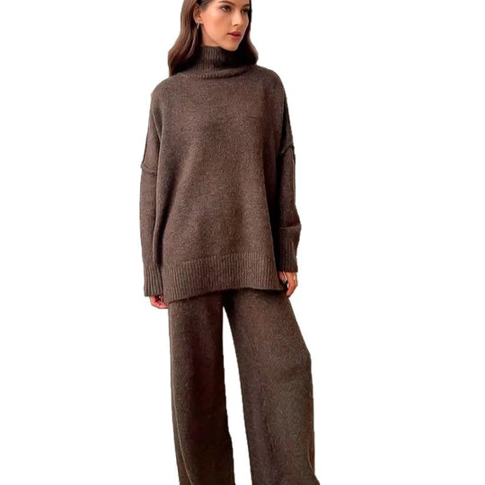 Damen Gemütliches Strickensemble mit hohem Kragen und weit geschnittenen Hosen EB