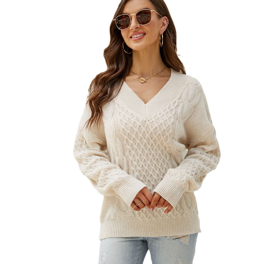 Damen Großer Strickpullover mit V-Ausschnitt und ausgefallenem Zopfmuster EB