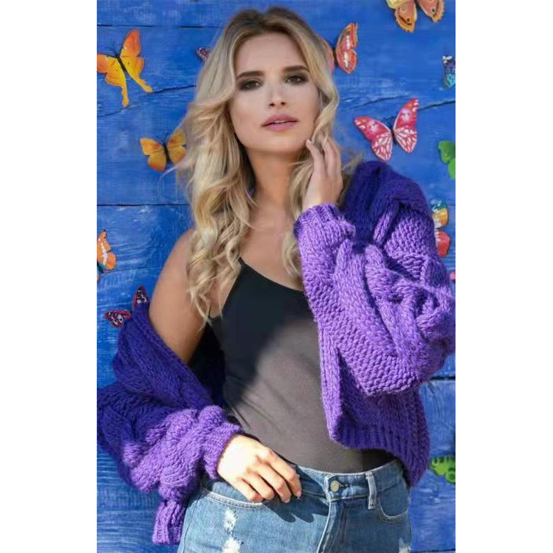 Damen gestrickte Kapuzenjacke mit voluminösem Gewebe und Zopfmuster EB