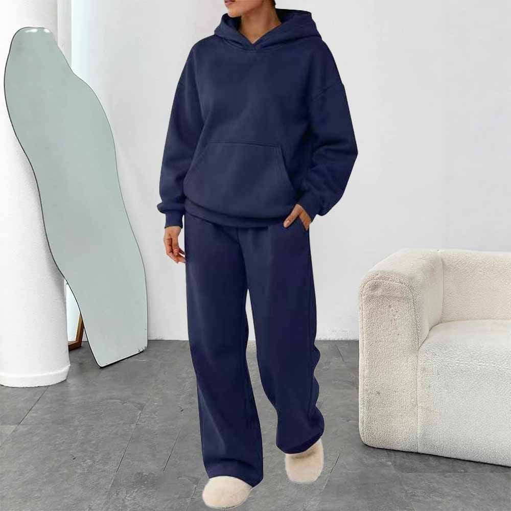 Damen nan zweiteiliges Freizeit-Lounge-Set mit Kapuzenpullover, Kängurutasche und gerader Loungehose aus weichem Baumwollmix EB
