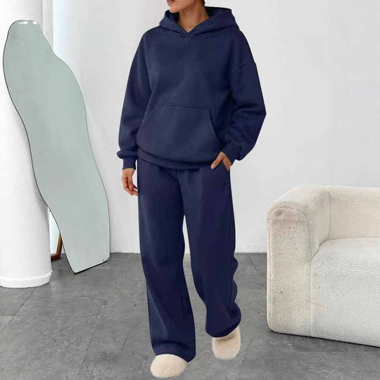Damen nan zweiteiliges Freizeit-Lounge-Set mit Kapuzenpullover, Kängurutasche und gerader Loungehose aus weichem Baumwollmix EB