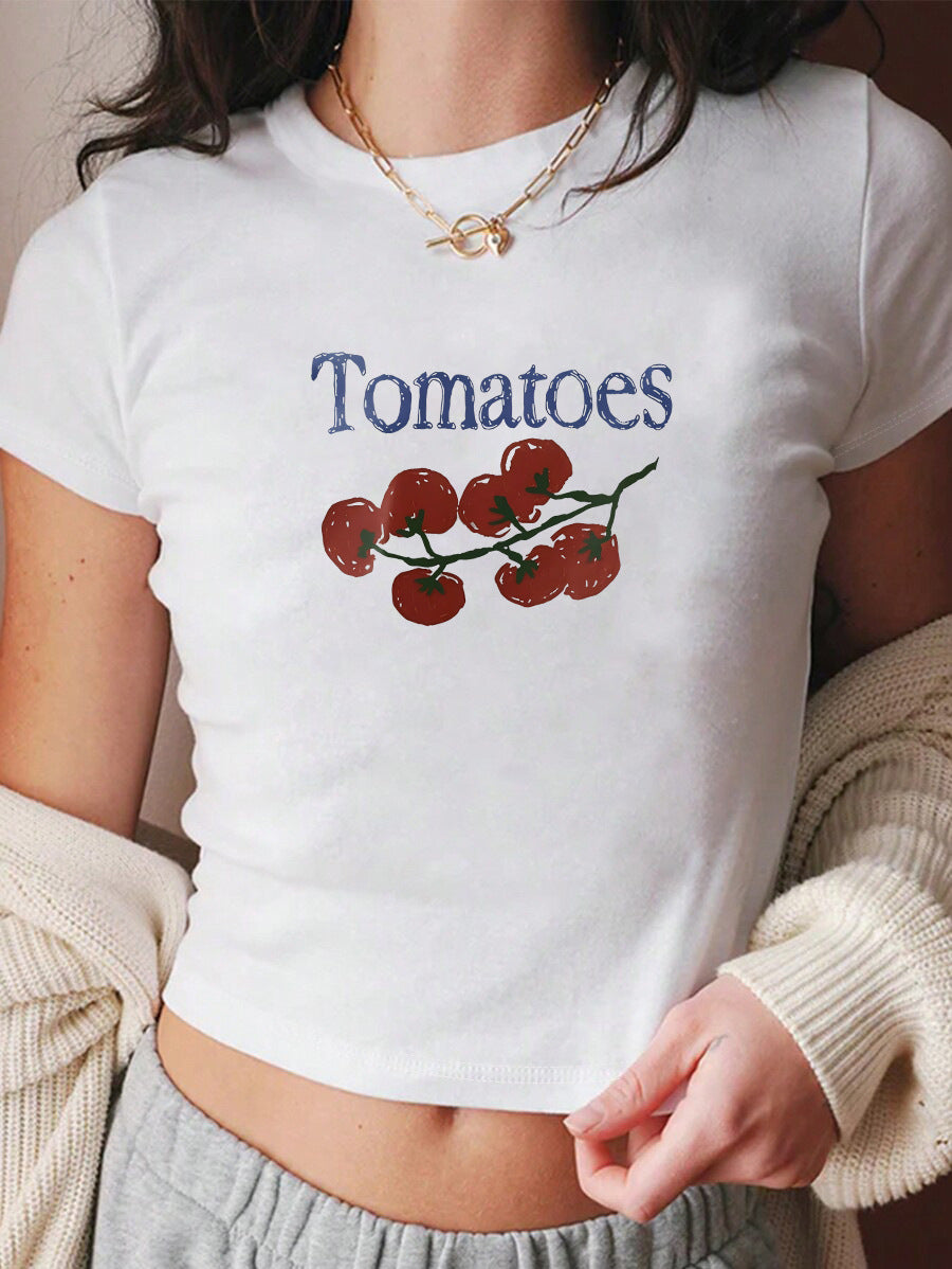 Damen Crop-T-Shirt mit kreativem Tomatenmotiv EB