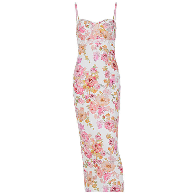 Damen Blütenmaxikleid mit verstellbaren Trägern und figurbetontem Schnitt EB