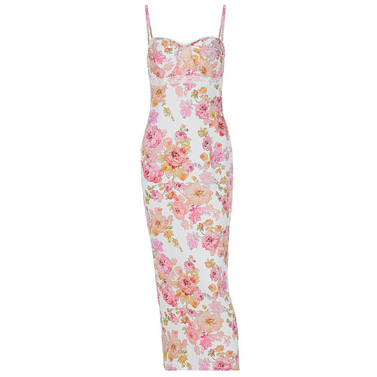 Damen Blütenmaxikleid mit verstellbaren Trägern und figurbetontem Schnitt EB