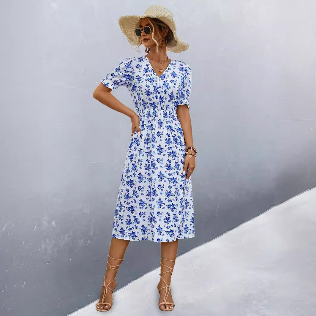 Damen midi Kleid mit floralen Mustern und seitlichem Schlitz EB