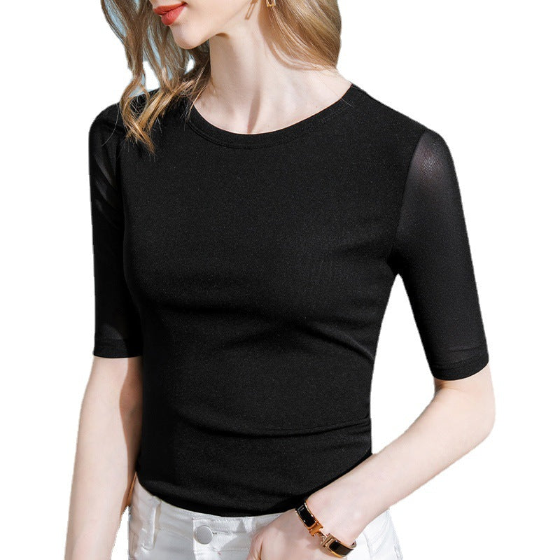 Damen Figurbetontes Shirt mit transparenten Ärmeln und elegantem Design EB