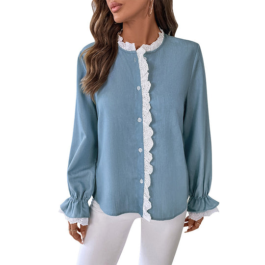 Damen Romantische Bluse mit Häkelspitzen-Besatz und Ballonärmeln EB