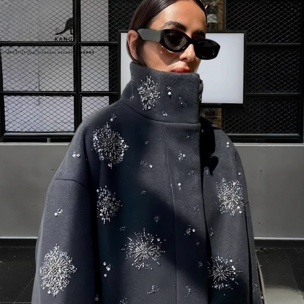 Damen Modische Oversized-Jacke mit funkelnden Applikationen EB