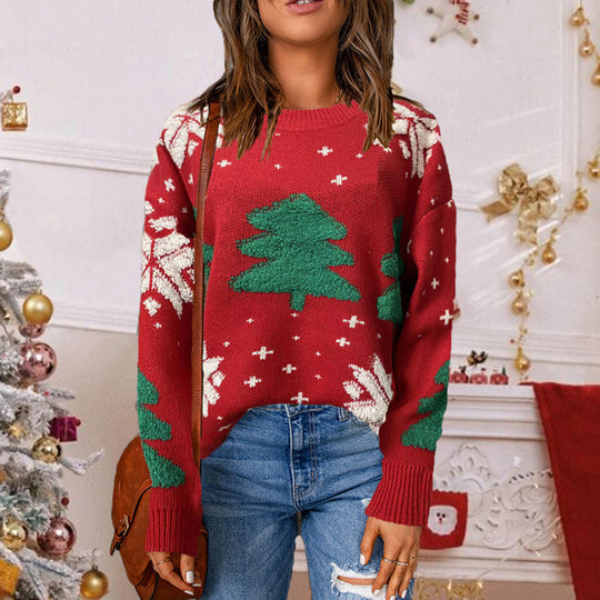 Damen Grobstrickpullover mit winterlichem Tannenbaum-Motiv und lässigem Schnitt EB