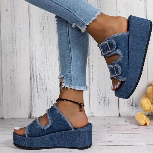 Damen bequeme Plattformsandalen aus Denim mit doppeltem Riemen EB