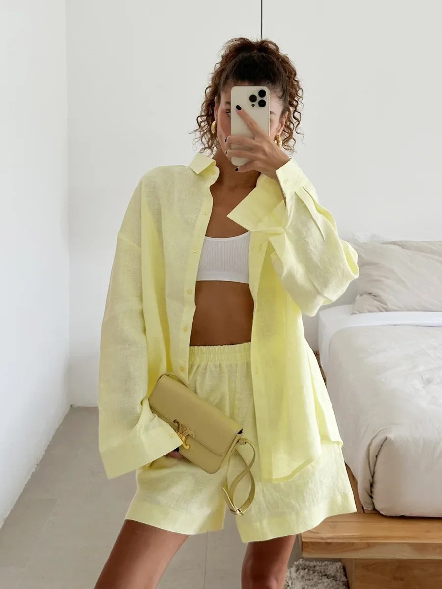 Damen lässige Leinenbluse und Shorts Set EB