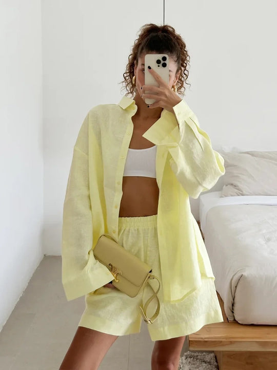 Damen lässige Leinenbluse und Shorts Set EB