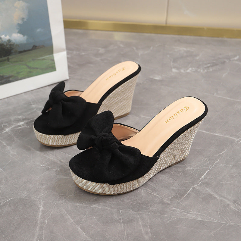 Damen Wedge-Pantoletten mit kreativem Schleifen-Design und verstellbarem Riemen EB