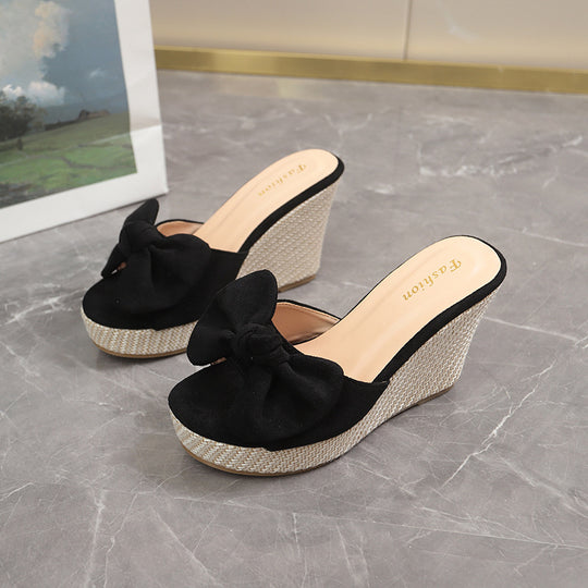 Damen Wedge-Pantoletten mit kreativem Schleifen-Design und verstellbarem Riemen EB