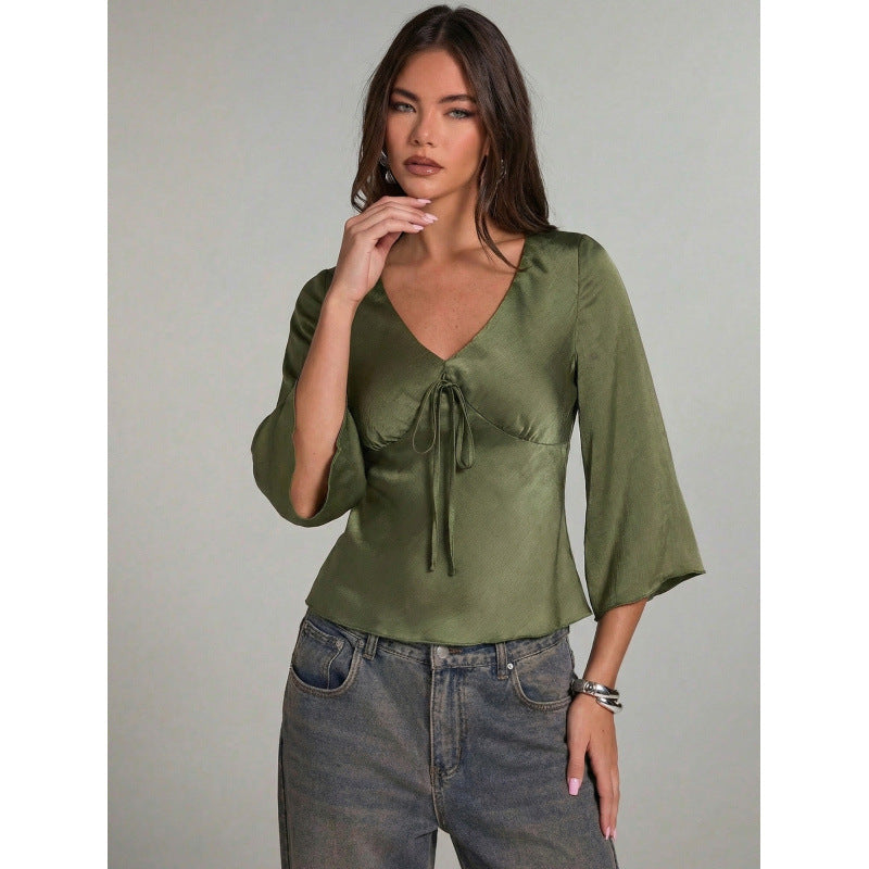 Damen Elegantes Oberteil mit Krawatte und weitem Ärmel EB