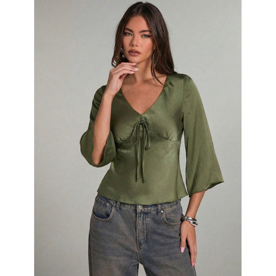 Damen Elegantes Oberteil mit Krawatte und weitem Ärmel EB