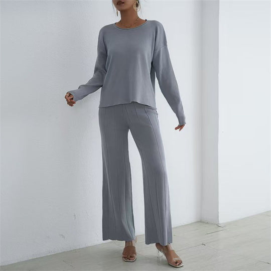 Damen lässiges und elegantes Strick-Loungewear-Set mit weitem Bein und feinen Rippenstrukturen EB