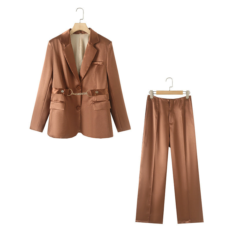 Damen elegantes Satin-Blazer-Set mit Kettenakzent EB