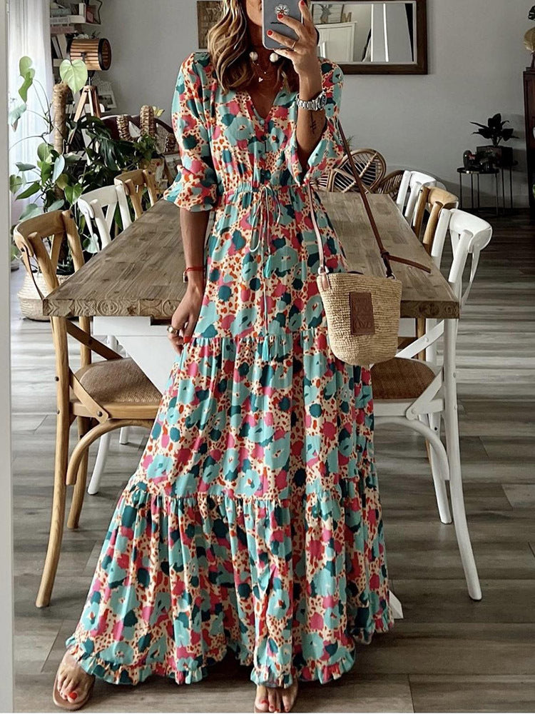 Damen Maxikleid mit elegantem Paisleymuster und Knopfdetails EB