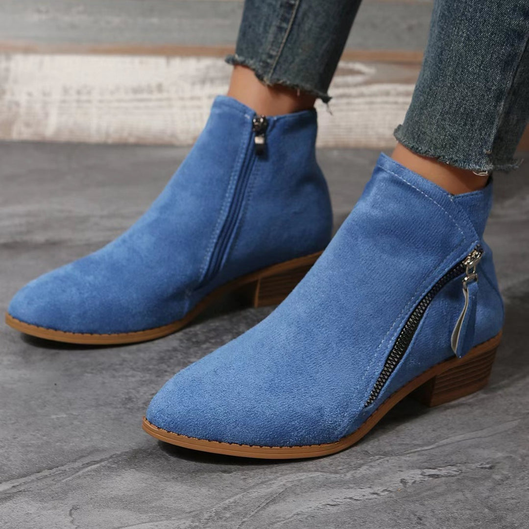 Damen nan klassische knöchelhohe Microvelours-Stiefelette mit seitlichem Reißverschluss und niedrigem Blockabsatz EB