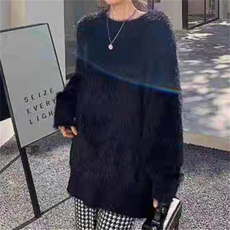 Damen Flauschiger Rundhals-Pullover mit lässigem Schnitt und oversized Passform EB
